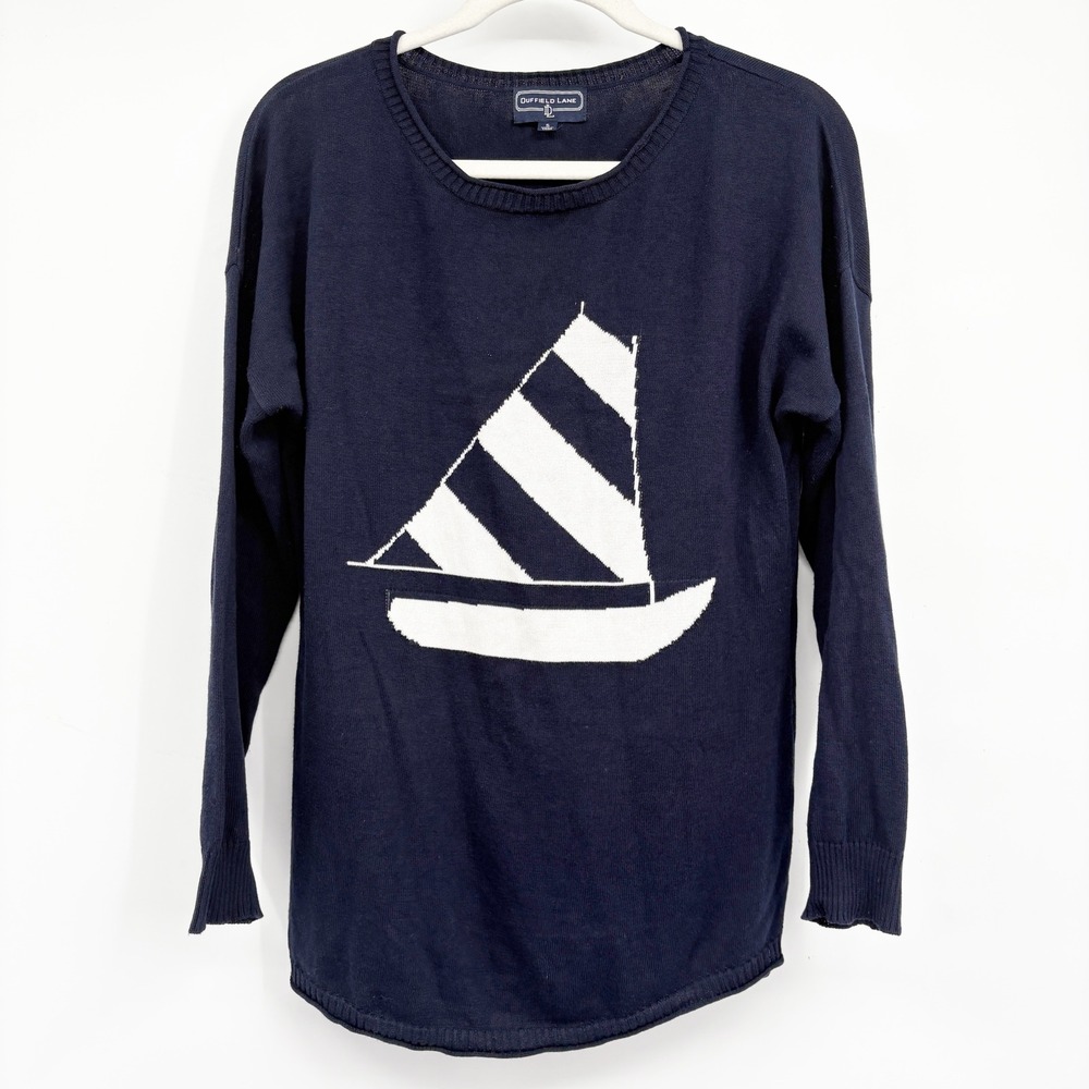 Duffield Lane Womens Navy Blue Sailboat Nautical Preppy Pullover Sweater Size S